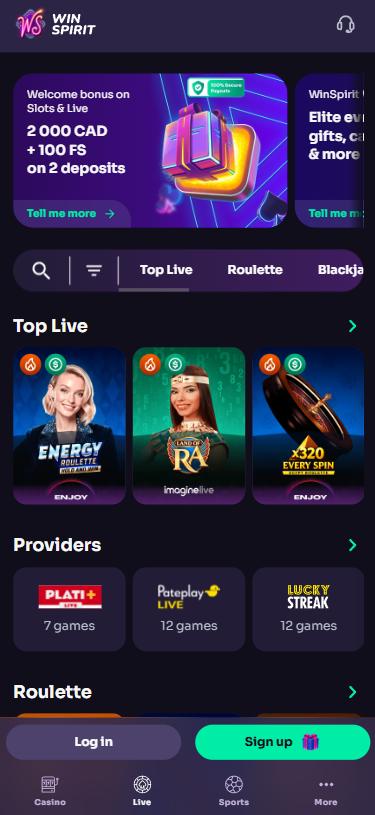 WinSpirit mobile lobby